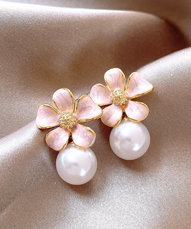 Cute Pink Metal Alloy Pearl Floral Drip Glaze Stud Earrings