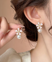 Cute Pink Metal Alloy Pearl Floral Drip Glaze Stud Earrings