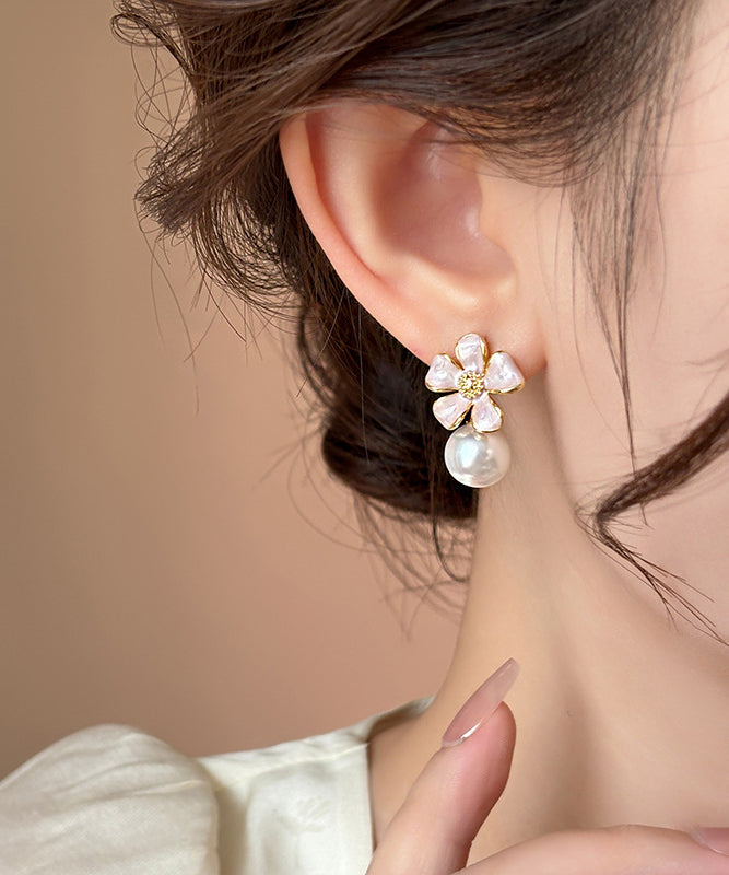 Cute Pink Metal Alloy Pearl Floral Drip Glaze Stud Earrings