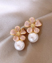 Cute Pink Metal Alloy Pearl Floral Drip Glaze Stud Earrings
