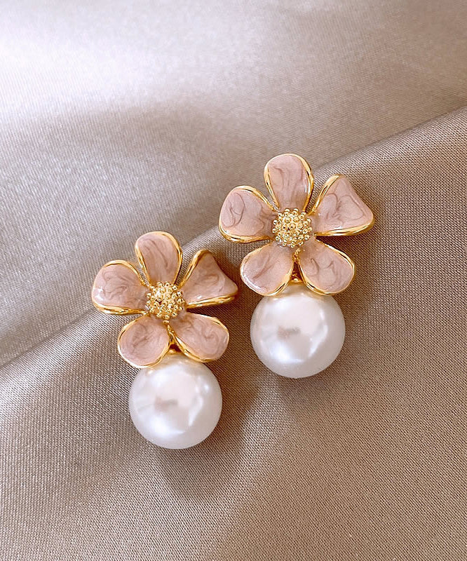 Cute Pink Metal Alloy Pearl Floral Drip Glaze Stud Earrings
