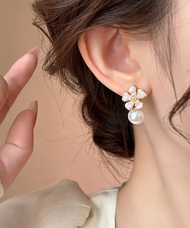 Cute Pink Metal Alloy Pearl Floral Drip Glaze Stud Earrings