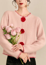 Cute Pink O-Neck Floral Button Cotton Knit Cardigans Fall
