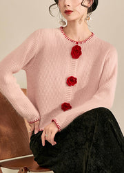 Cute Pink O-Neck Floral Button Cotton Knit Cardigans Fall