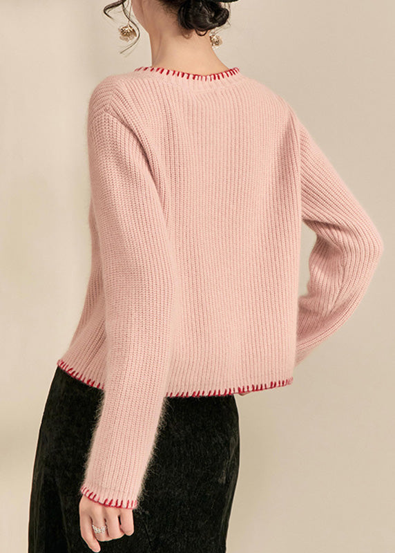 Cute Pink O-Neck Floral Button Cotton Knit Cardigans Fall