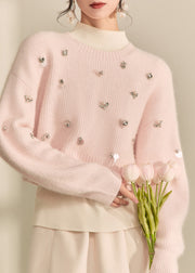 Cute Pink O-Neck Nail Bead Cotton Knit Short Sweater Fall