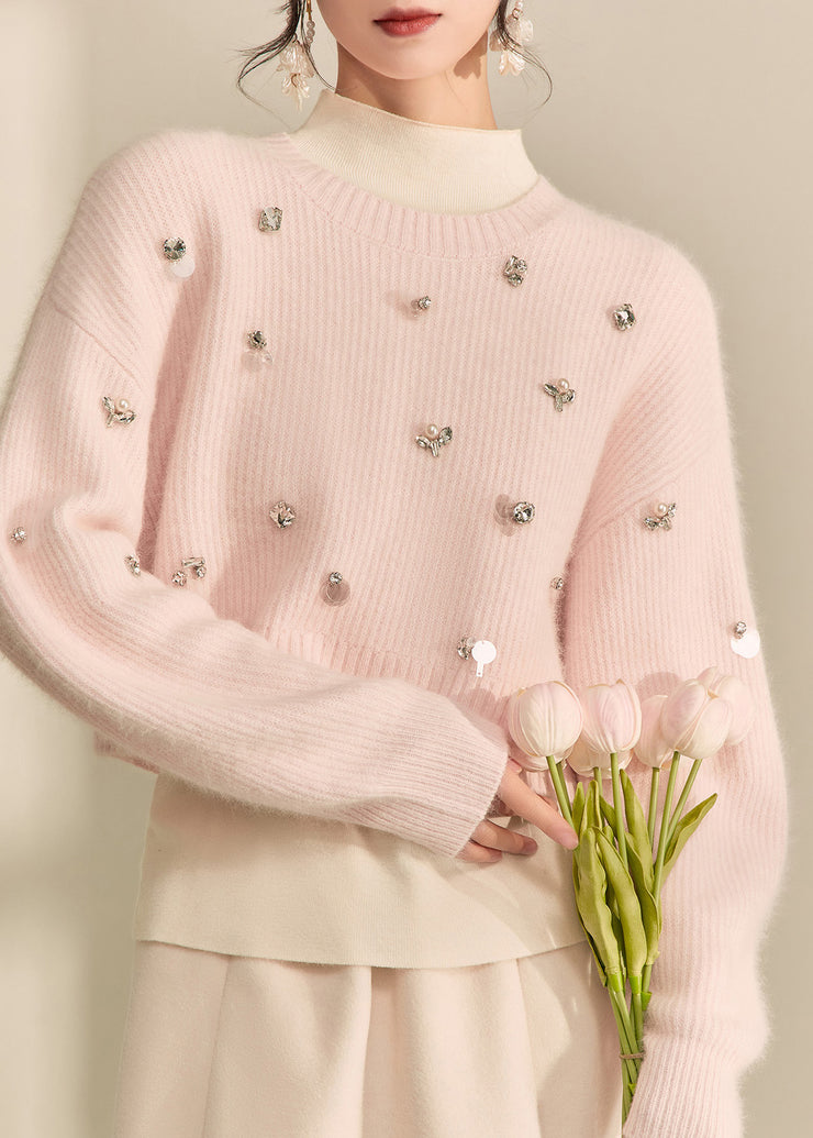 Cute Pink O-Neck Nail Bead Cotton Knit Short Sweater Fall