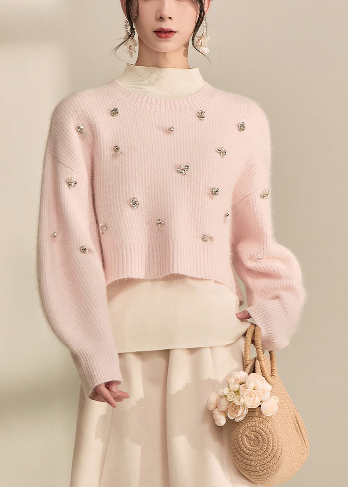 Cute Pink O-Neck Nail Bead Cotton Knit Short Sweater Fall