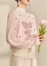 Cute Pink O-Neck Nail Bead Cotton Knit Short Sweater Fall