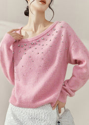 Cute Pink O-Neck Nail Bead Cozy Cotton Knit Sweater Fall
