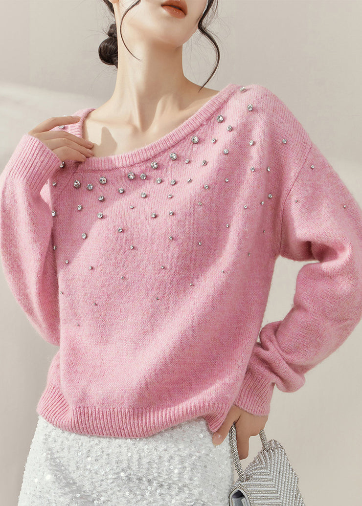 Cute Pink O-Neck Nail Bead Cozy Cotton Knit Sweater Fall