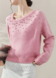 Cute Pink O-Neck Nail Bead Cozy Cotton Knit Sweater Fall