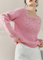 Cute Pink O-Neck Nail Bead Cozy Cotton Knit Sweater Fall