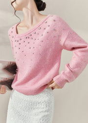 Cute Pink O-Neck Nail Bead Cozy Cotton Knit Sweater Fall