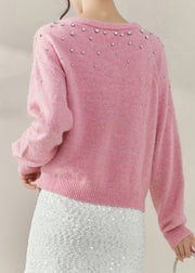Cute Pink O-Neck Nail Bead Cozy Cotton Knit Sweater Fall