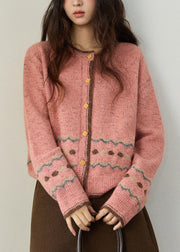 Cute Pink O-Neck Print Button Cotton Knit Cardigans Fall