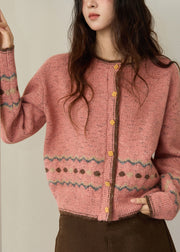 Cute Pink O-Neck Print Button Cotton Knit Cardigans Fall