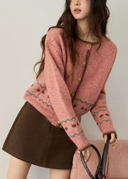 Cute Pink O-Neck Print Button Cotton Knit Cardigans Fall