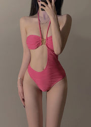 Cute Pink Patchwork Asymmetrical Hollow Out Bodysuits