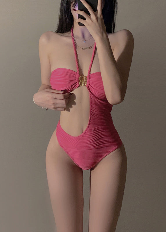 Cute Pink Patchwork Asymmetrical Hollow Out Bodysuits