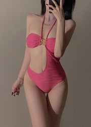 Cute Pink Patchwork Asymmetrical Hollow Out Bodysuits