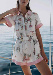 Cute Pink Peter Pan Collar Button Shirts And Shorts Two Pieces Set Summer