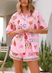 Cute Pink Peter Pan Collar Shirts And Shorts Two Pieces Set Short Sleeve