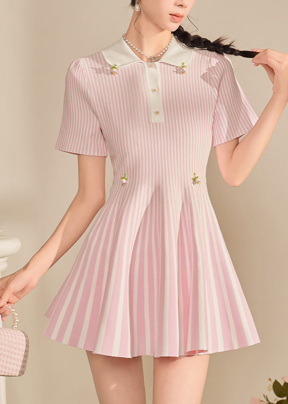 Cute Pink Peter Pan Collar Striped Mid Dress Summer