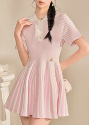 Cute Pink Peter Pan Collar Striped Mid Dress Summer
