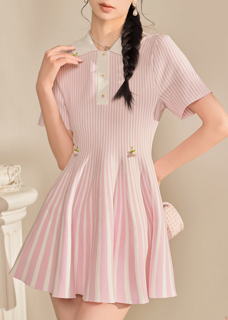 Cute Pink Peter Pan Collar Striped Mid Dress Summer