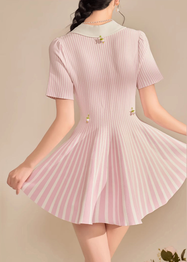 Cute Pink Peter Pan Collar Striped Mid Dress Summer