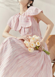 Cute Pink Peter Pan Collar Tie Waist Maxi Dress Short Sleeve