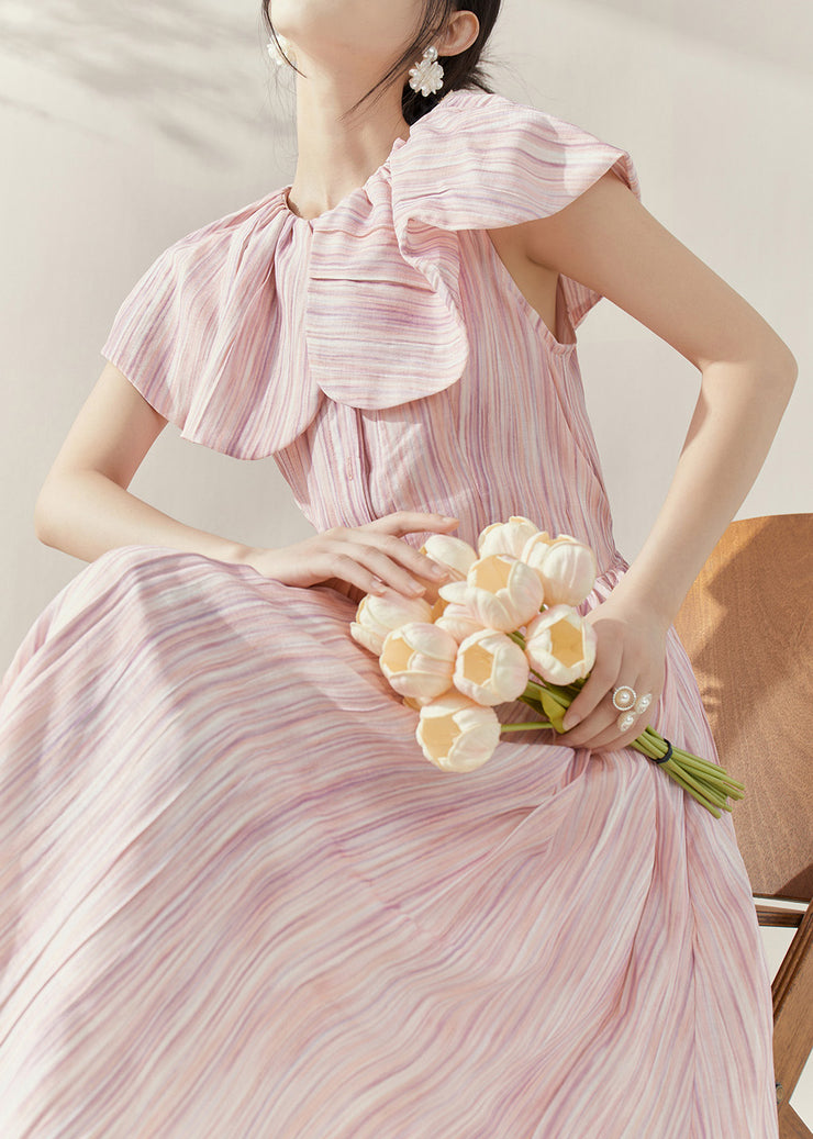 Cute Pink Peter Pan Collar Tie Waist Maxi Dress Short Sleeve