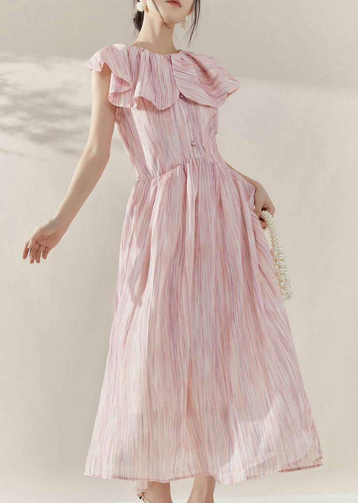 Cute Pink Peter Pan Collar Tie Waist Maxi Dress Short Sleeve