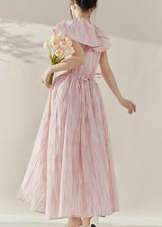 Cute Pink Peter Pan Collar Tie Waist Maxi Dress Short Sleeve