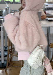 Cute Pink Pockets Patchwork Fuzzy Fur Fluffy Hooded Parka Coats Winter
