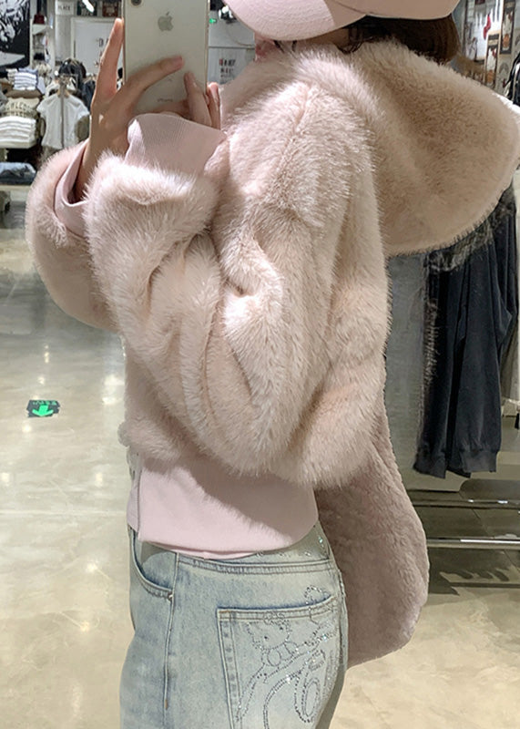Cute Pink Pockets Patchwork Fuzzy Fur Fluffy Hooded Parka Coats Winter