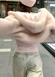 Cute Pink Pockets Patchwork Fuzzy Fur Fluffy Hooded Parka Coats Winter