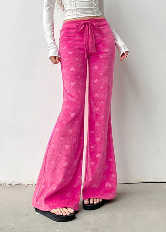 Cute Pink Print Tie Waist Knit Flared Trousers