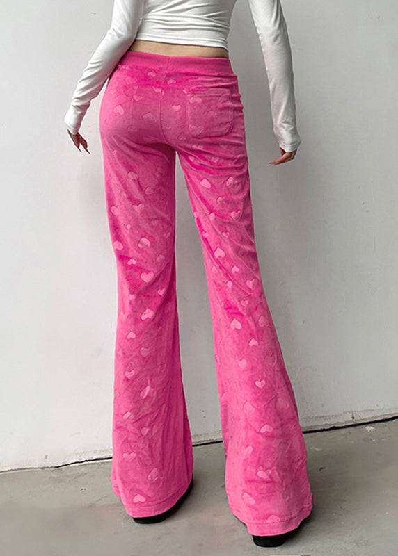 Cute Pink Print Tie Waist Knit Flared Trousers