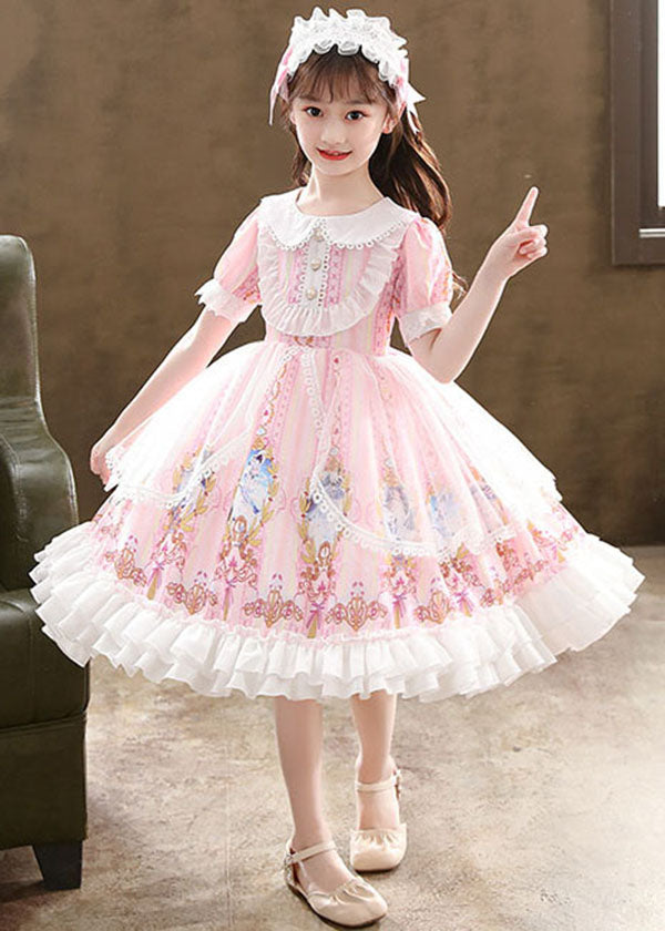 Cute Pink Ruffled Cartoon Print Patchwork Chiffon Kids Girls Princess ...