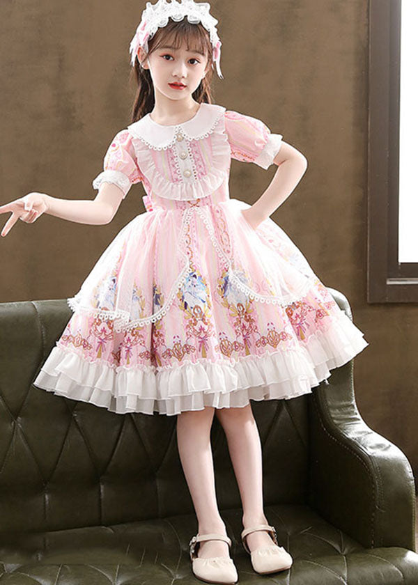 Cute Pink Ruffled Cartoon Print Patchwork Chiffon Kids Girls Princess ...