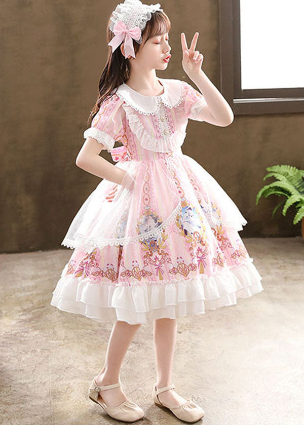 Cute Pink Ruffled Cartoon Print Patchwork Chiffon Kids Girls Princess ...