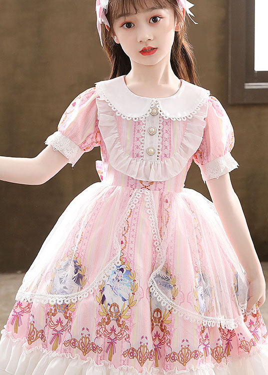 Cute Pink Ruffled Cartoon Print Patchwork Chiffon Kids Girls Princess ...