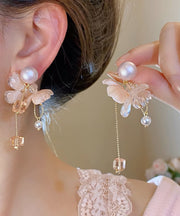 Cute Pink Sterling Silver Overgild Crystal Pearl Floral Tassel Drop Earrings
