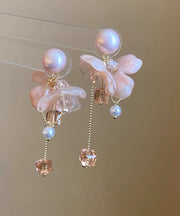 Cute Pink Sterling Silver Overgild Crystal Pearl Floral Tassel Drop Earrings