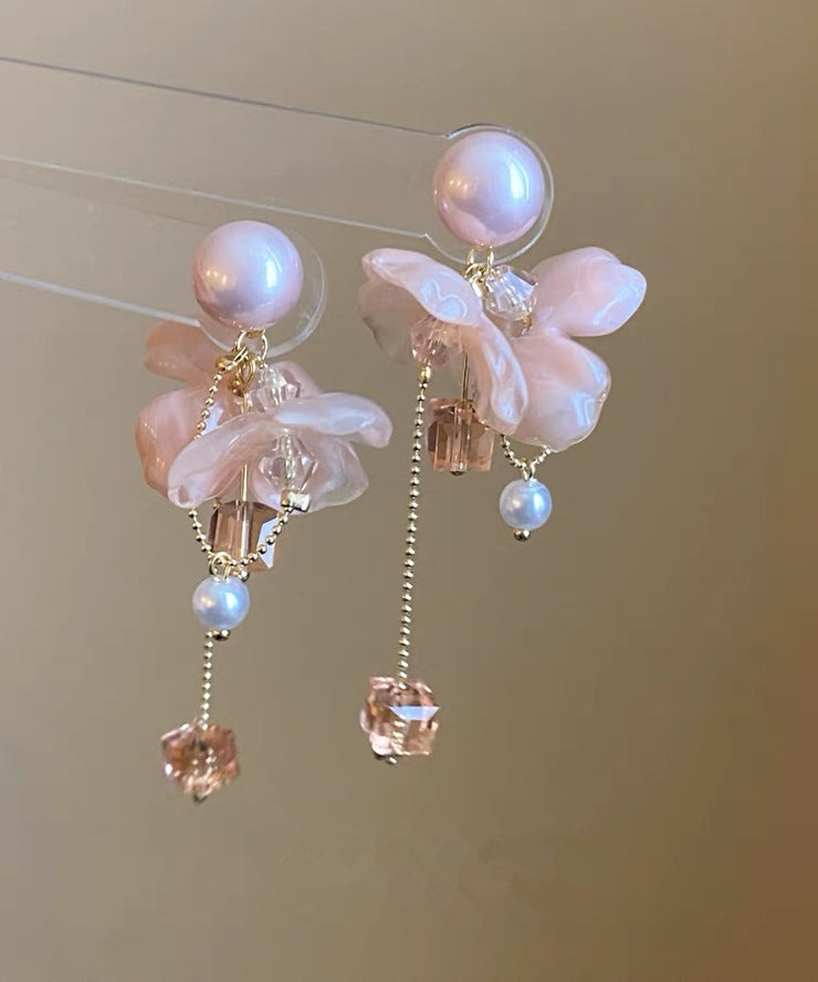 Cute Pink Sterling Silver Overgild Crystal Pearl Floral Tassel Drop Earrings