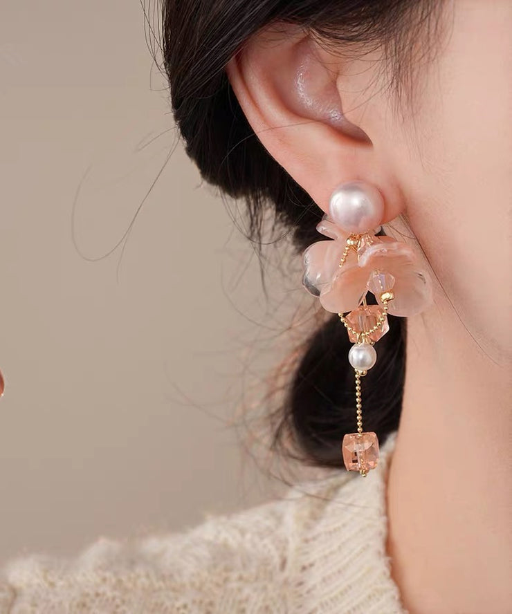 Cute Pink Sterling Silver Overgild Crystal Pearl Floral Tassel Drop Earrings