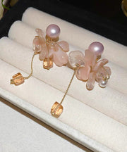 Cute Pink Sterling Silver Overgild Crystal Pearl Floral Tassel Drop Earrings
