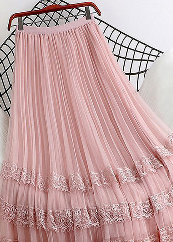 Cute Pink Tulle A Line Skirt Summer Lace Patchwork